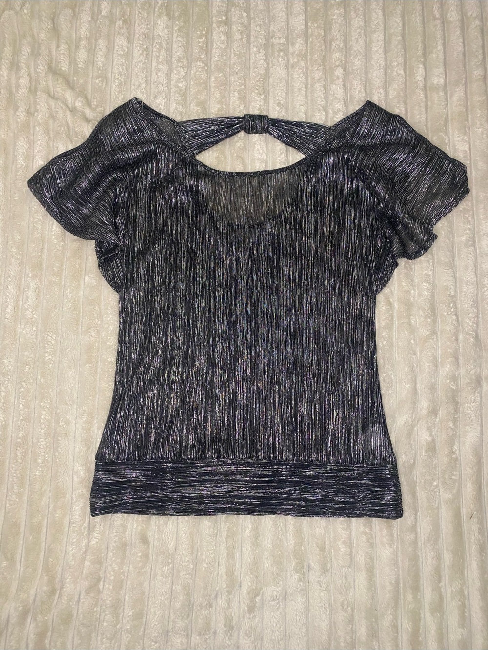 Vanity Black Silver Metallic Scoop Neck Flutter Sleeve Open Shoulder Blouse